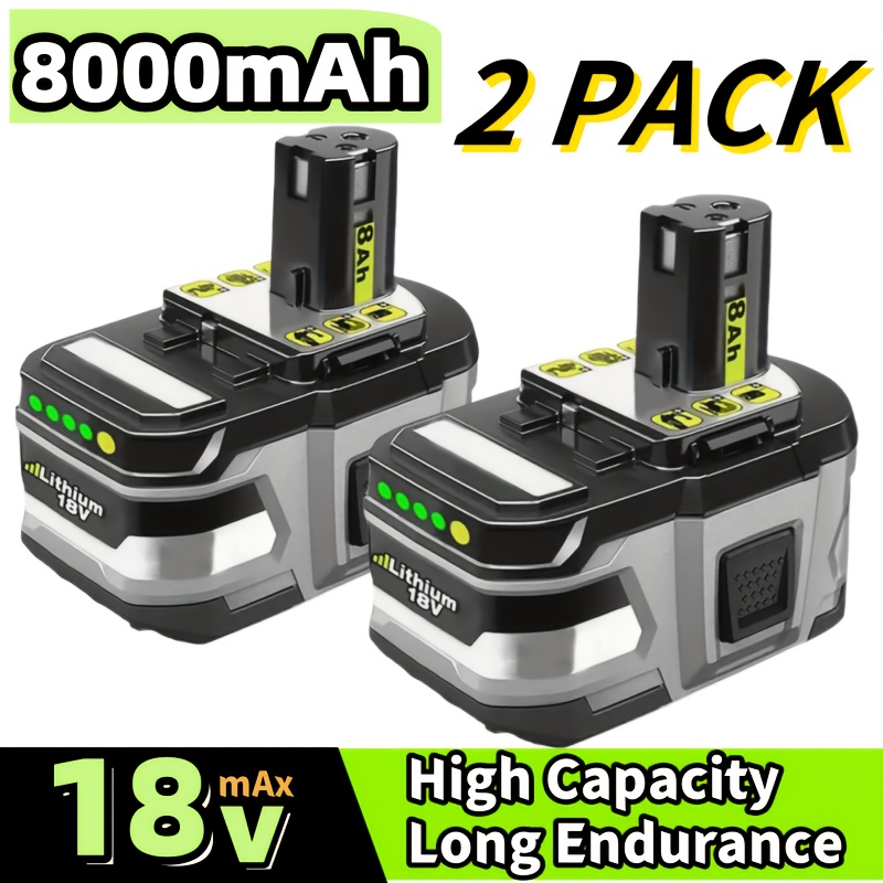 item picture 2pack 8 0ah 18v replacement battery for ryobi 18v lithium battery     p105 p107 p108 p109 for ryobi one cordless tool