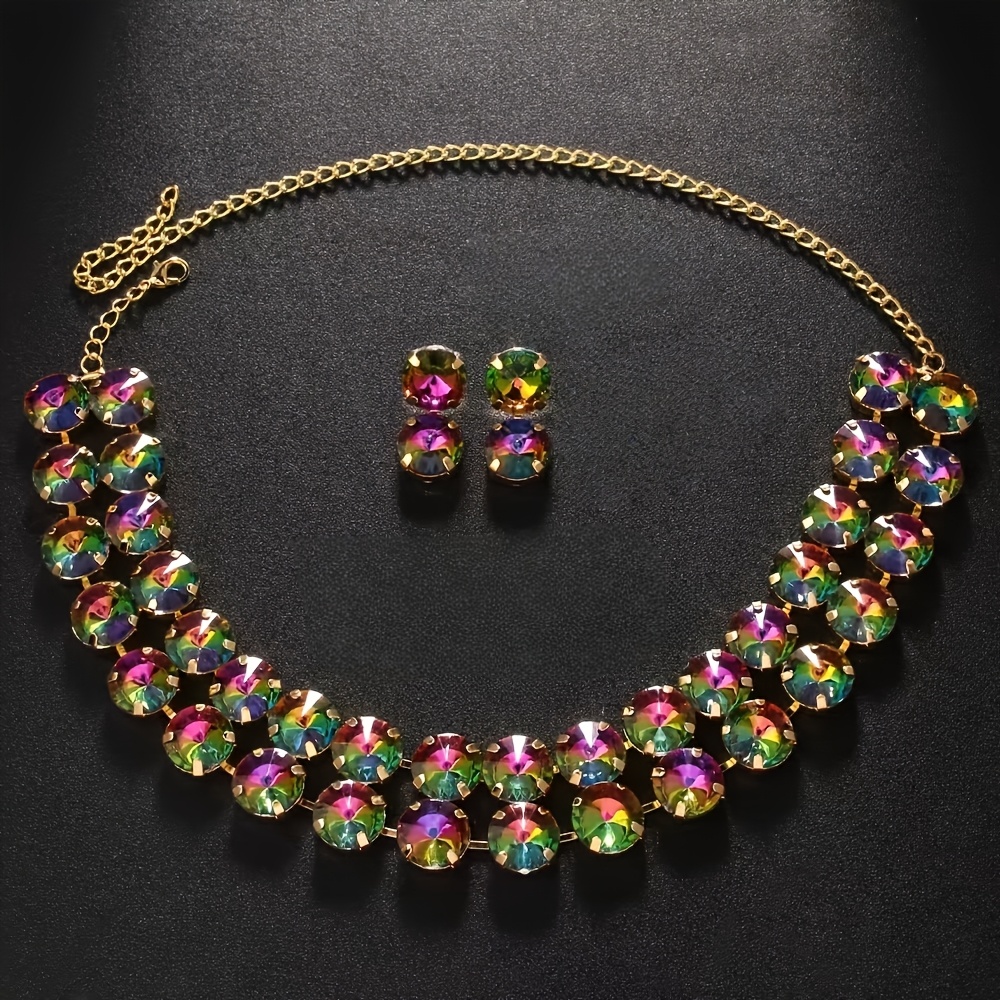 TEMU Double-layer Round Colorful Necklace And Earring Jewelry Set With Rhinestones For A Chic Look