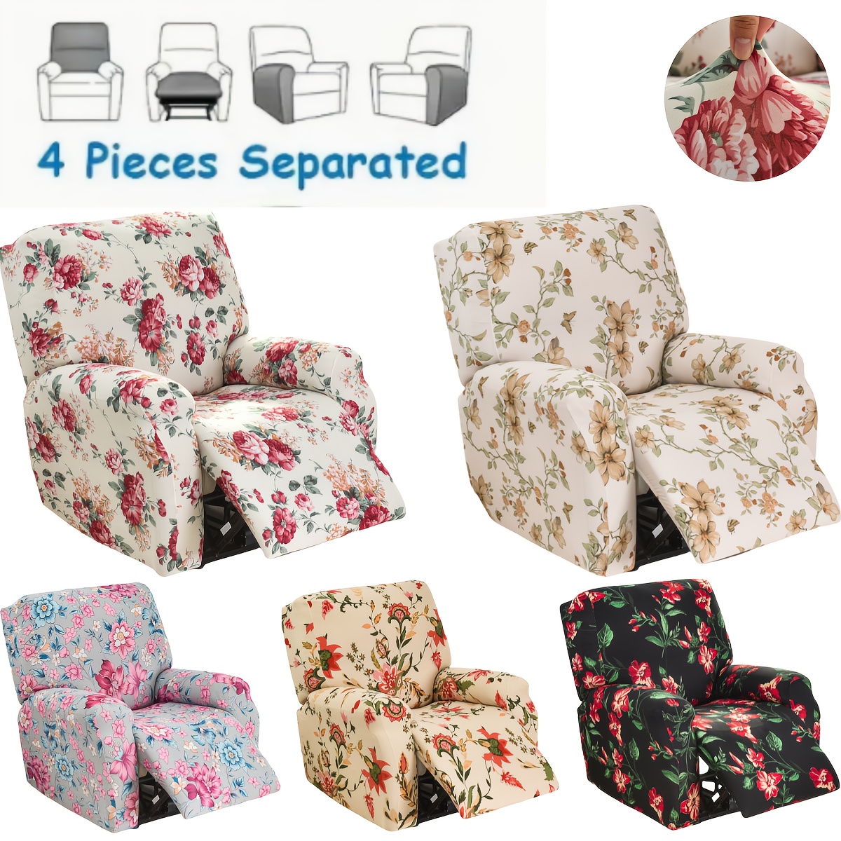 

Printed Rocking Chair And Sofa Cover Set, 4pcs, Stretchable Fabric, Mixed Colors, Suitable For Living Room And Study - Machine Washable, Chesterfield, Universal, Single