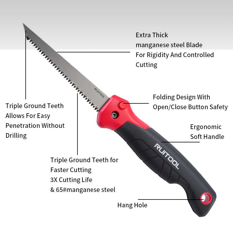 6 inch folding jab saw, 3-  tooth 8 tpi drywall cutter, safety lock non-slip grip, portable keyhole saw for drywall, wood board,   precise cutting, hand tool for decoration, diy projects, drywall cutting, compact saw, ergonomic grip, durable construction, sturdy material, hand saw, manual saw, construction workers, handyman tool Product details 7