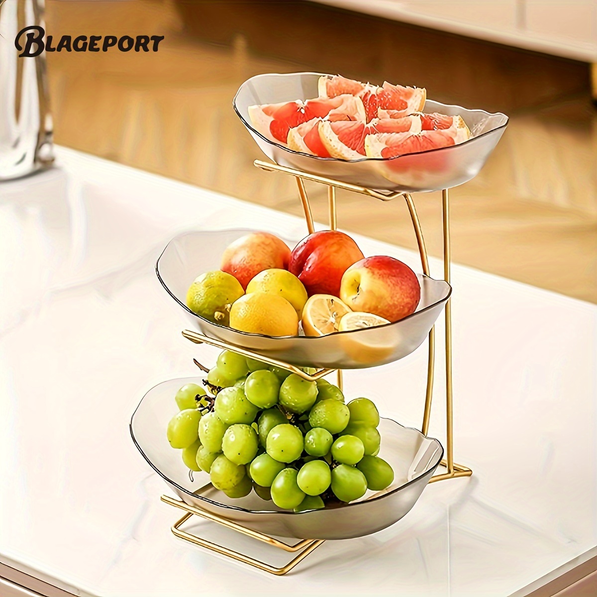 

1pcs 3 Layer Ceramic Fruit Bowl For Kitchen Counter With Metal Shelf, Fruit Basket With Stand, Porcelain Bowl For Fruit & Vegetable Bread Candy Snack Nut Dessert Cake Tray