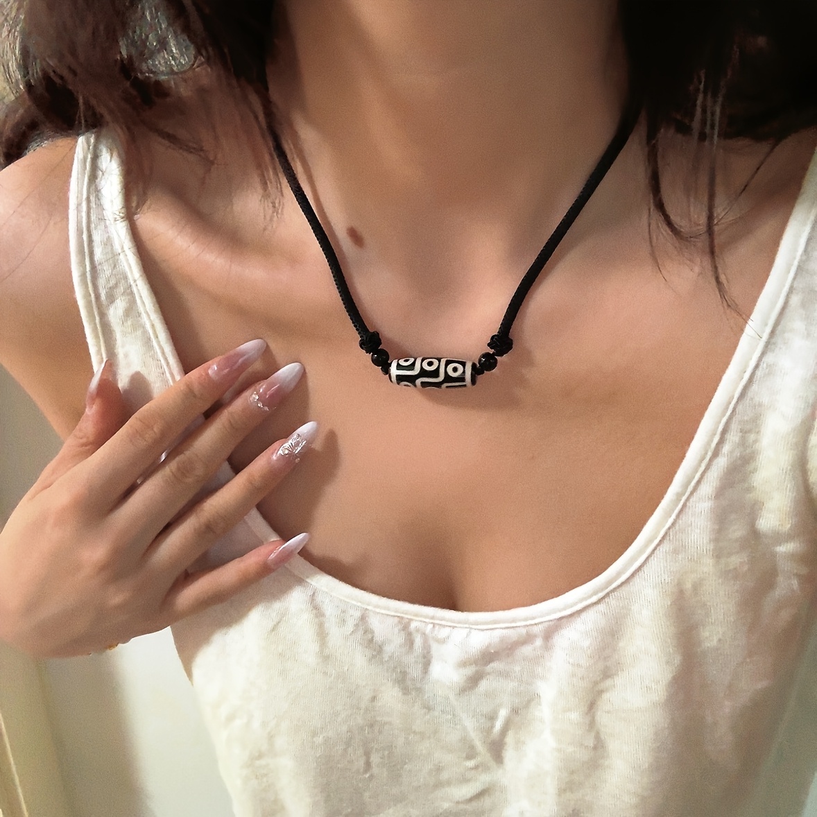 Adjustable Ethnic Nine Eyed Dzi Bead Braided Rope Necklace