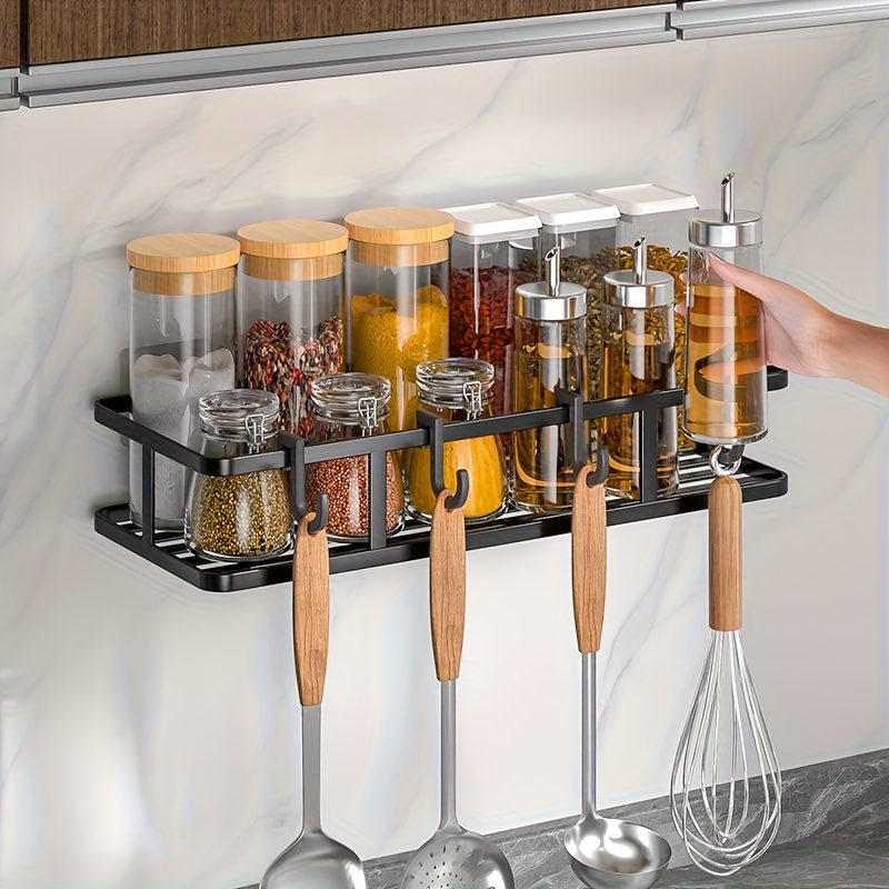 1pc Spice Rack,layers Kitchen Wall Shelf With Hooks, Multipurpose Hanging Utensil Holder, For Kitchen And Bathroom, Home Organizers And Storage, Home Accessories
