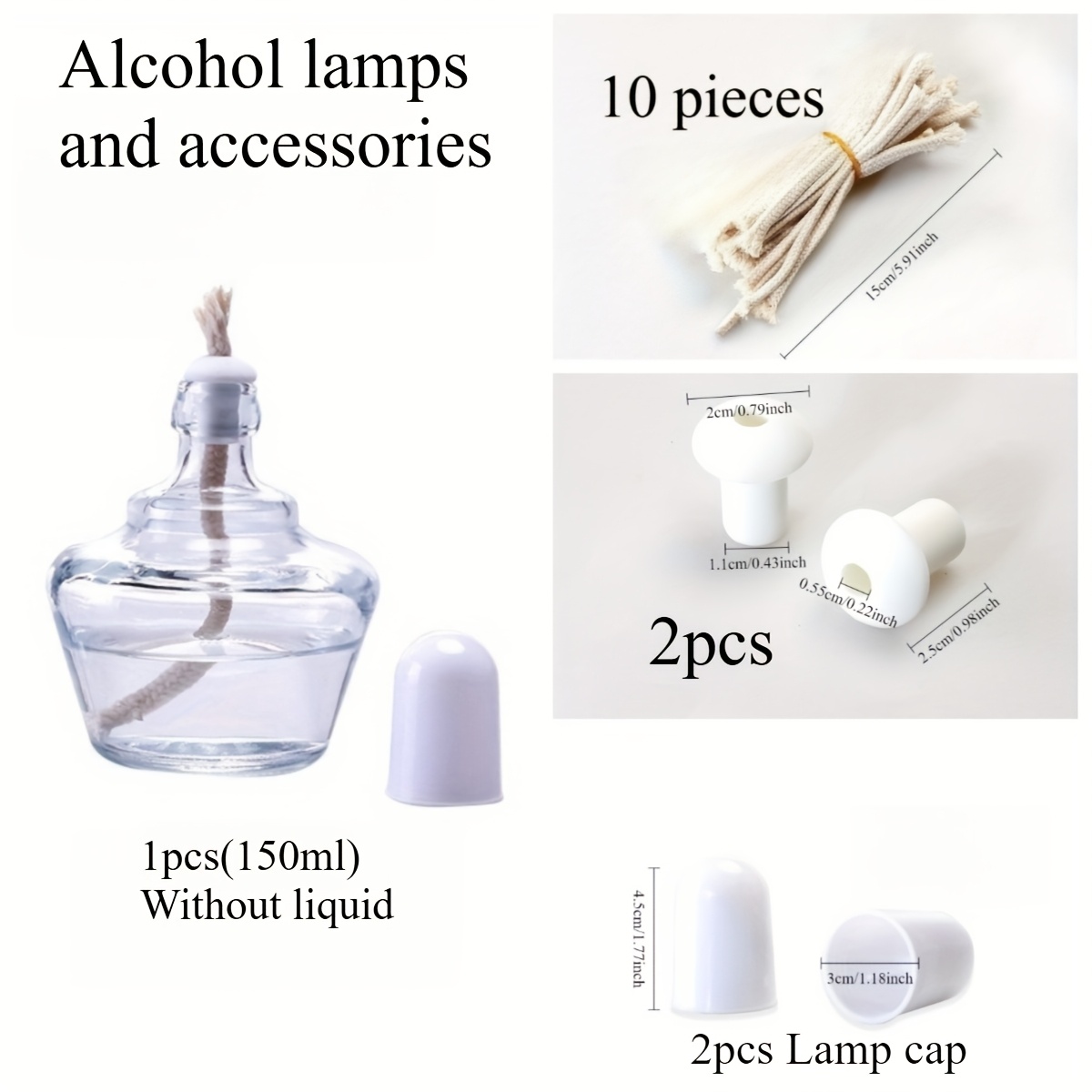TEMU 1 Set (1pc 150ml Thickened Glass Alcohol Lamp, 2pcs Lamp Heads, 2pcs Lamp Caps, 10pcs Wicks), Laboratory Heating Alcohol Lamp With Wicks-ideal