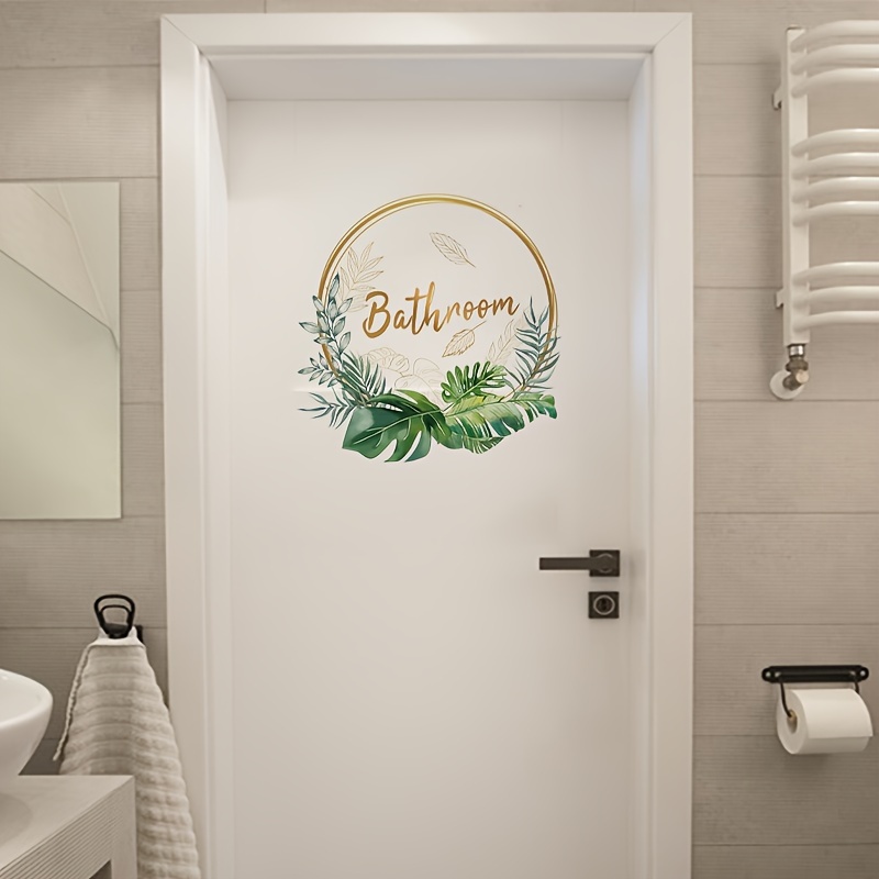 

Green Plant Bathroom Door Decal - 1pc, Self-adhesive Ceramics-compatible Door Embellishment, Pre-cut Tropical Leaf Graphic, Single-use, Square Semi-glossy Toilet Lid Accessory For Home Decor