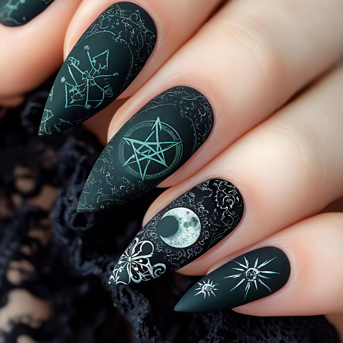 Image of A Set Of 24 Detachable Dark Blue Matte Halloween-themed Fake Nails Featuring A Moon And Dark , Perfect For Festive Gatherings