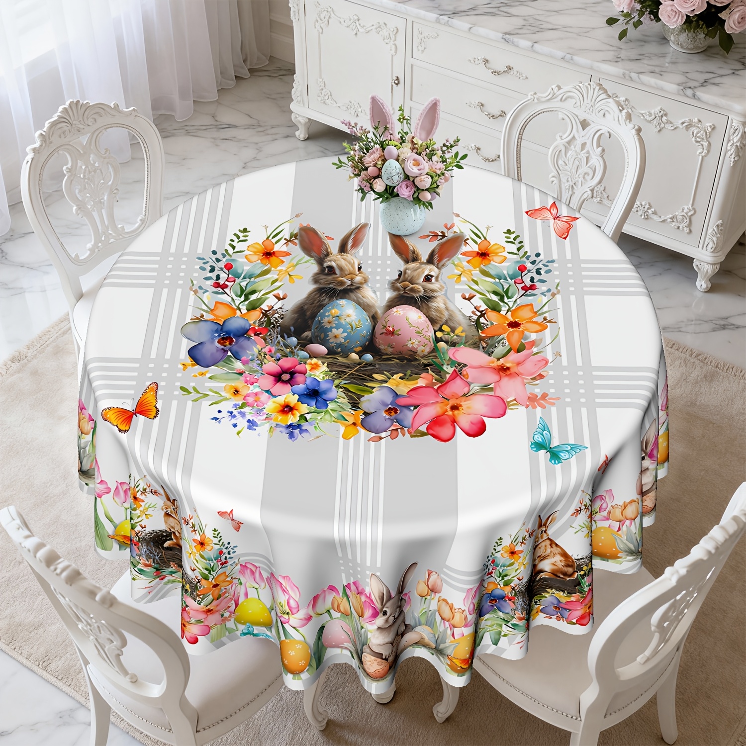 TEMU 1pc, Polyester Tablecloth, Easter Tablecloth, Table Cloth Easter Decoration Bunny Eggs Flower Table Cloth For Easter Decoration Supplies Home