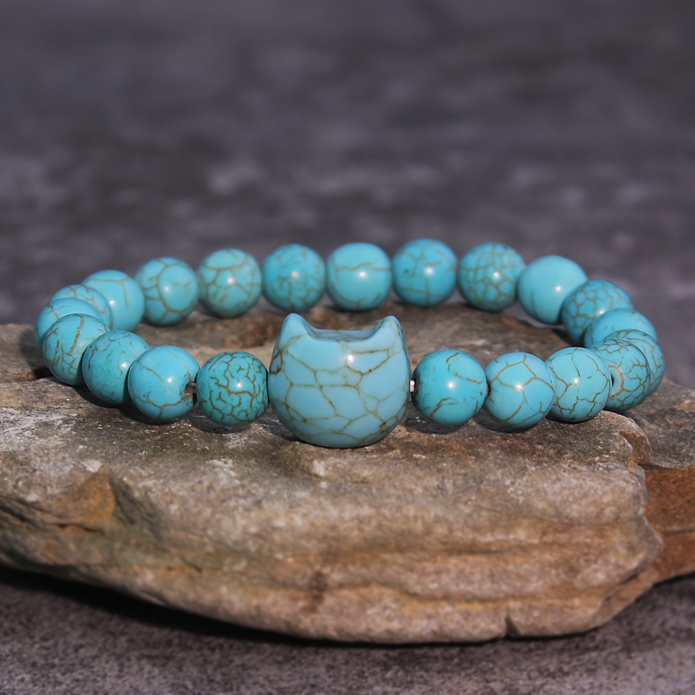 

Tête de chat en pierre naturelle, yeux de tigre, turquoise, quartz rose, malachite, bracelet simple en corde élastique bohème pour femmes - Cadeau polyvalent au .