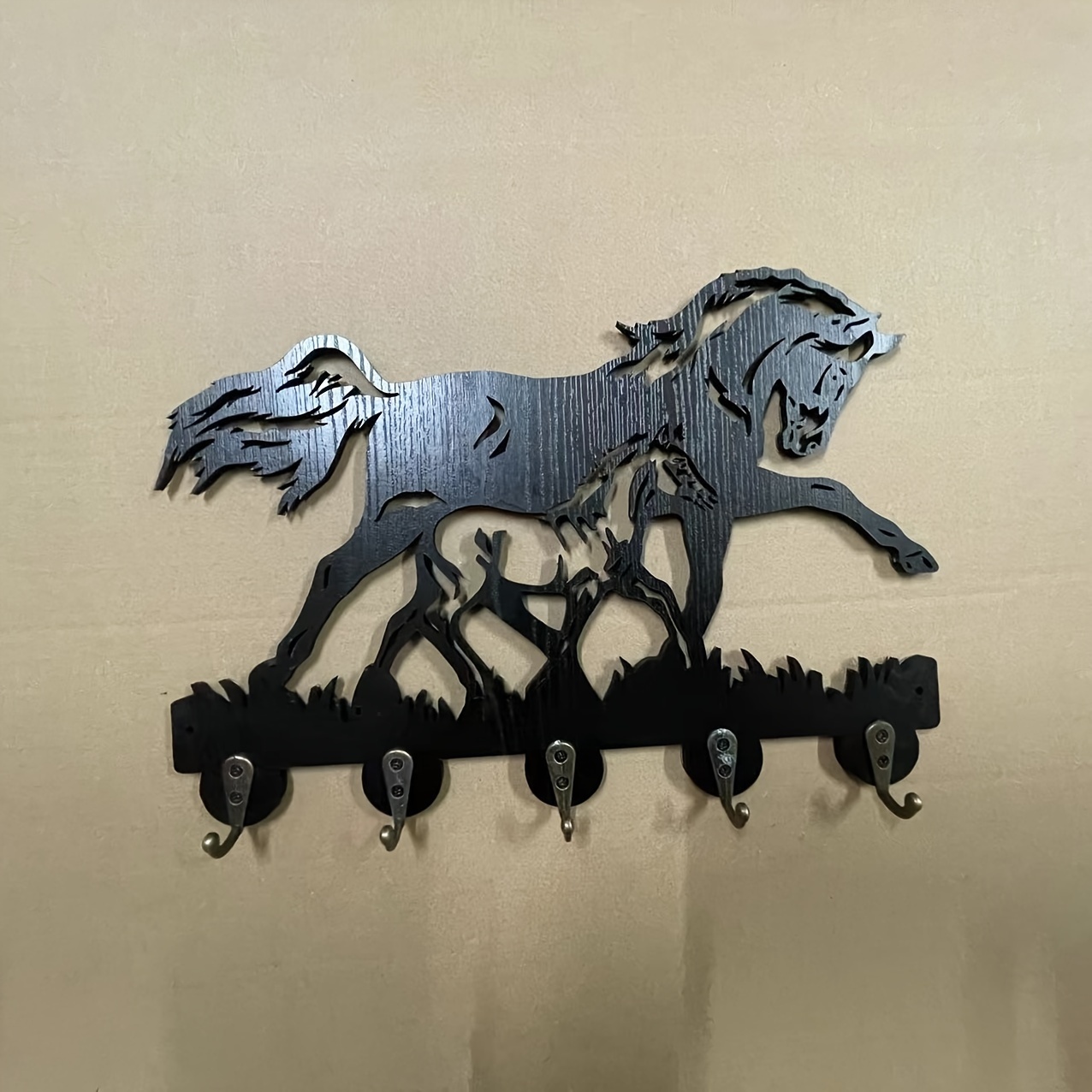 

1pc Horse Decorative Wall Hook, Black, 5 Hooks, Wall-mounted Black Key Holder Hook, Horse Animal Theme Art Decoration, Living Room Corridor, Office, Gift For Relatives And Friends