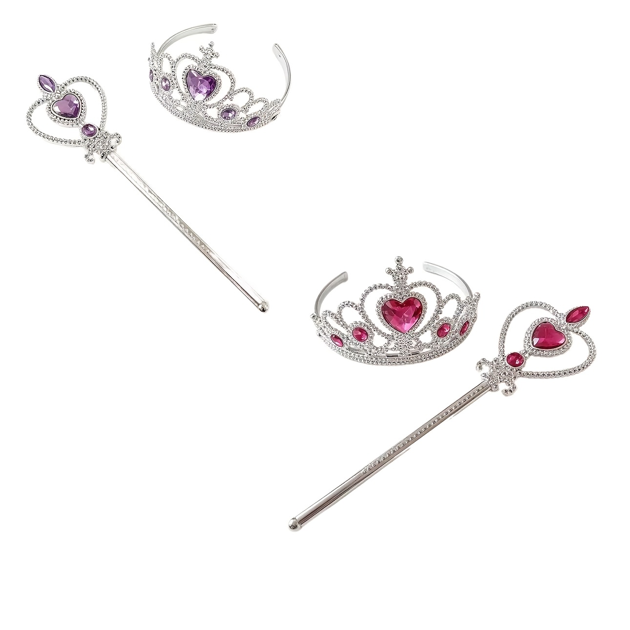4pcs Pink and Blue Heart Rhinestone Crown Wand Set