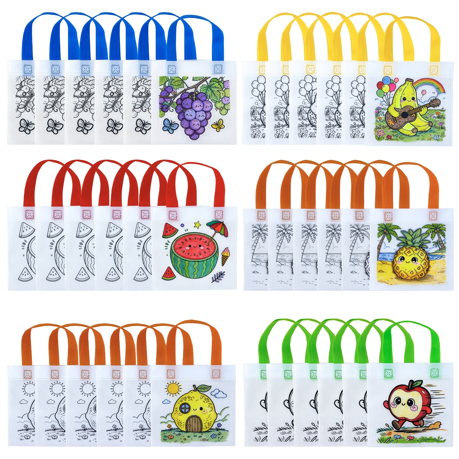 TEMU 36pcs Fruit Pattern Tote Bags With Colored Handles, Reusable Assorted Design Party Favor Bags, Graffiti Craft Activity Set For Kids Birthday,
