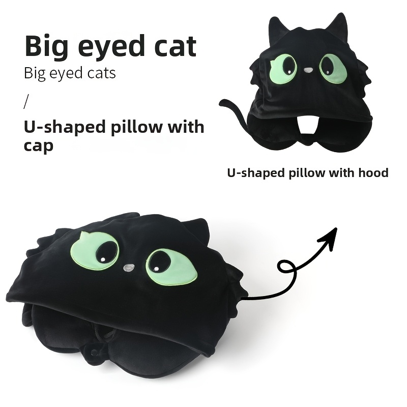 TEMU Cute Cartoon Cat 'little Coal Ball' Hooded U-shaped Travel Neck Pillow, Providing Support, Soft, Suitable For Use During Flights, In Cars,