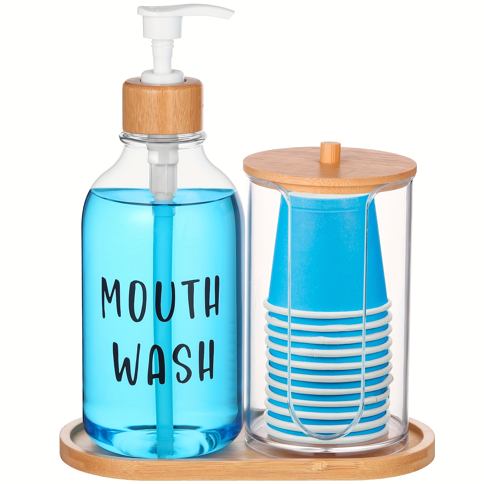 TEMU Mouthwash Dispenser For Bathroom 17oz Refillable Pump Bottle Paper Mouthwash Cup Holder With Lid And Tray Container For Bathroom Sink, Dispenser