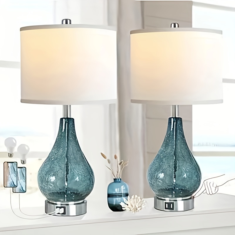 

Glass Table Lamp For Living Room Bedroom Set Of 2, 22.5" Led Light With Touch Control, Black 3 Way Dimmable Modern Bedside Lamps For Home Decor With White Fabric Shade