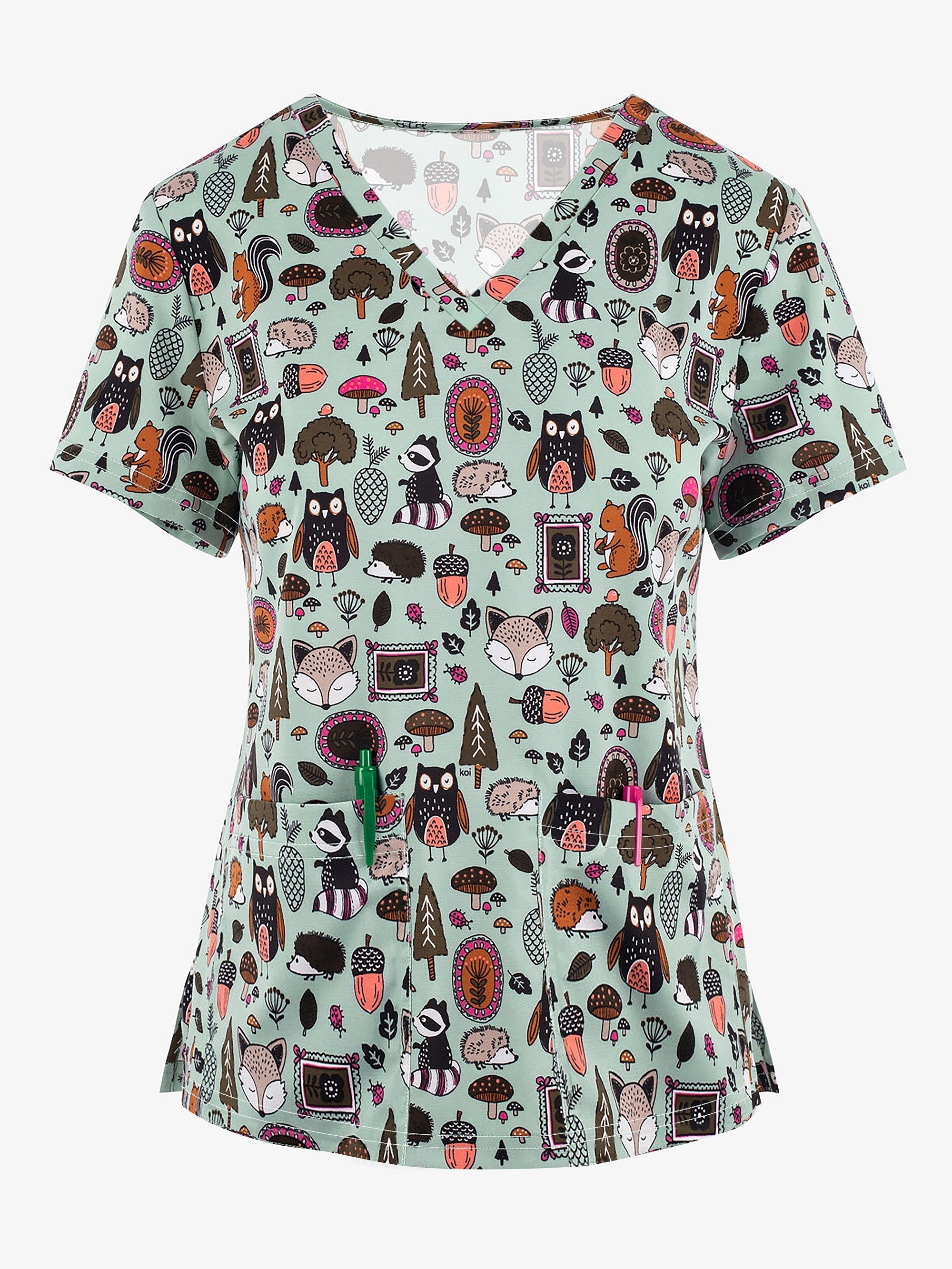 Cute Elephant Print Stretchy Scrubs Top Functional Patched - Temu