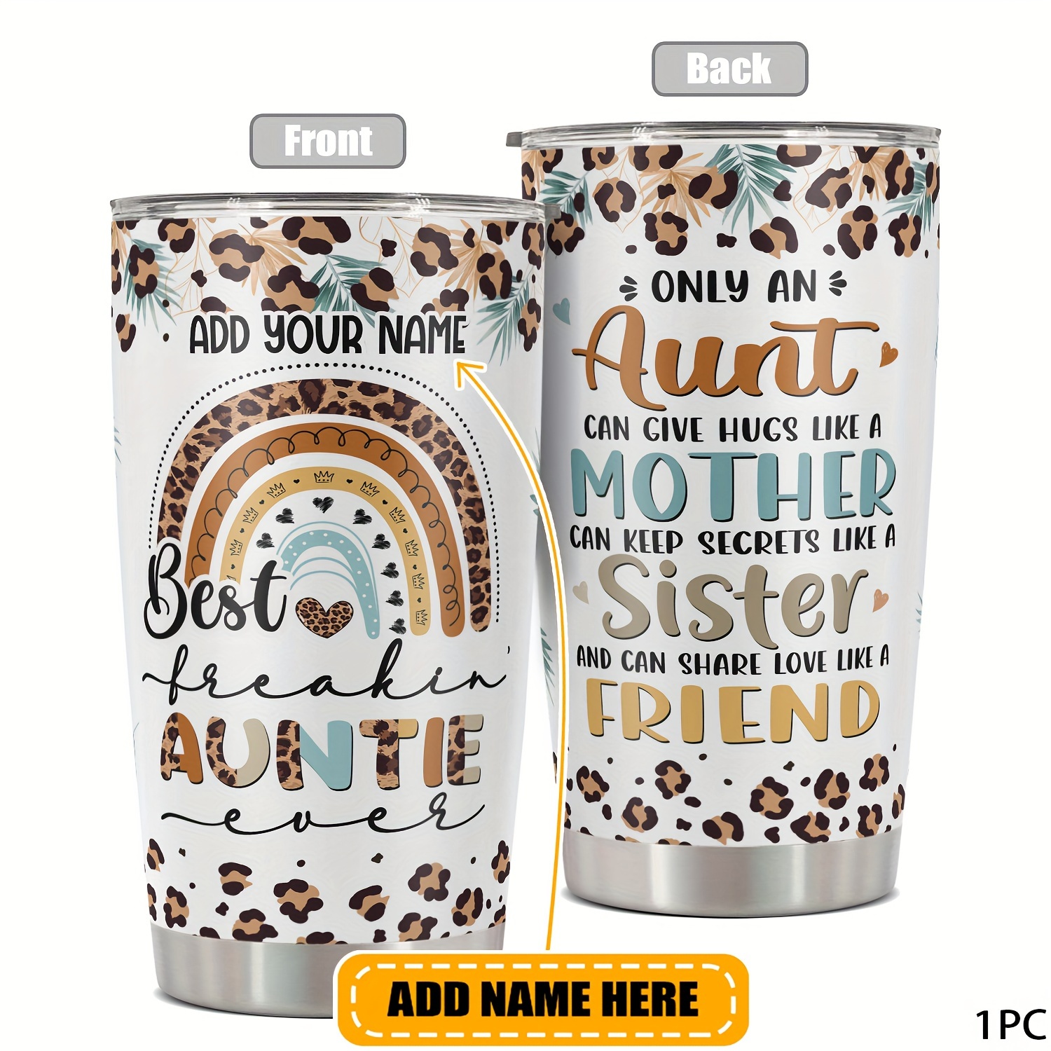 

Personalized Auntie 20oz Metal Tumbler With Lid - Custom Name Travel Mug, Hand-wash Only, Bpa-free, Break Resistant, Reusable Oval Cup For Hot & Cold Beverages - Ideal For Christmas, Birthday Gifts