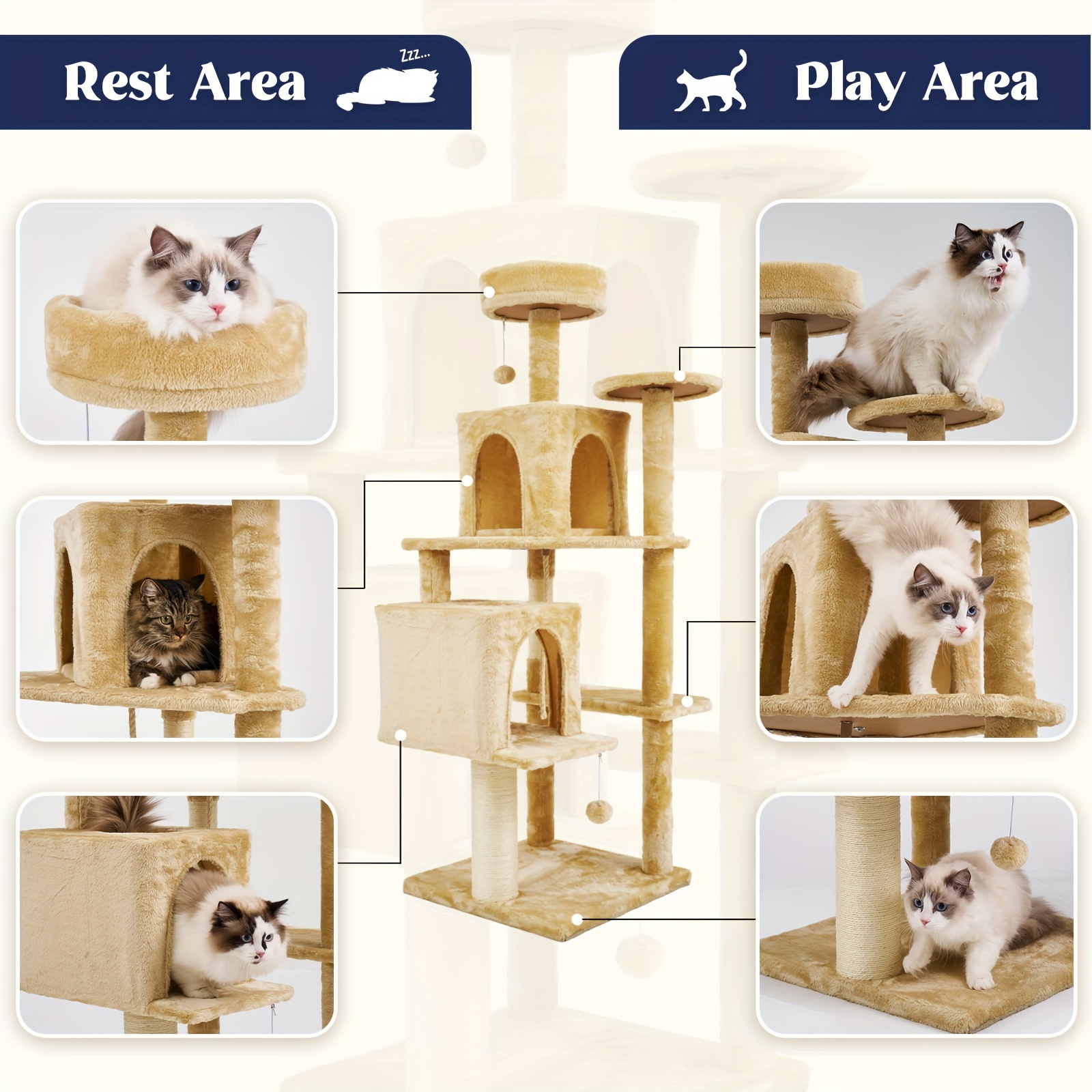 

Tscomon Large Cat Tree Cat Tower For Indoor Cats Cat House With Hang Ball Toy, Cat Sisal Scratching Post, Beige