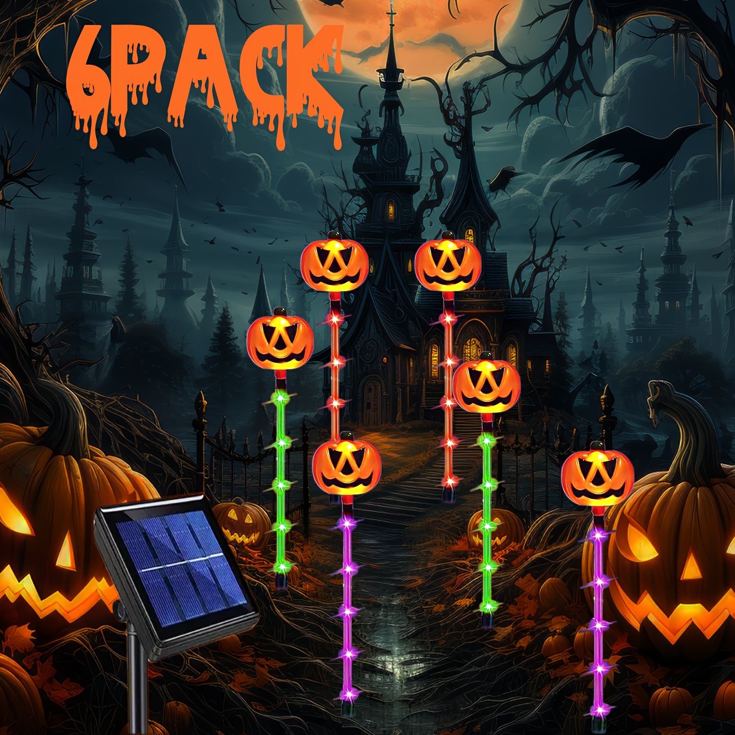 

6-pack Pumpkin Pathway Lights - Solar Powered Outdoor Decorations With Green, Orange, And Purple Led Stakes, Weather-resistant Plastic Garden Lights With Switch For Yard, Party Decor