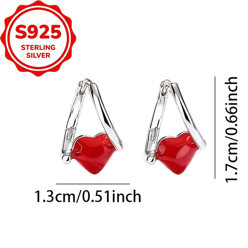2pcs Women's S925 Silver Red Resin Heart Earrings Set