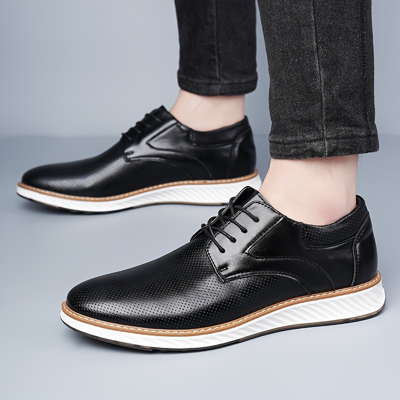 *'S Genuine Breathable Perforated Business Casual Shoes Low-Top Lace-Up  Round Toe with Rubber Sole for Office, Semi-Formal Casual Attire