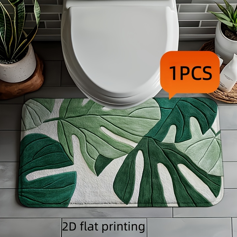 TEMU 2d Flat, 2d Flat, 2d Flat Printing, 1pc/3pcs Set Leaf Pattern Bathroom Short Carpet Set, Toilet Lid Mat, Toilet U-shaped Pad, Fleece Material,