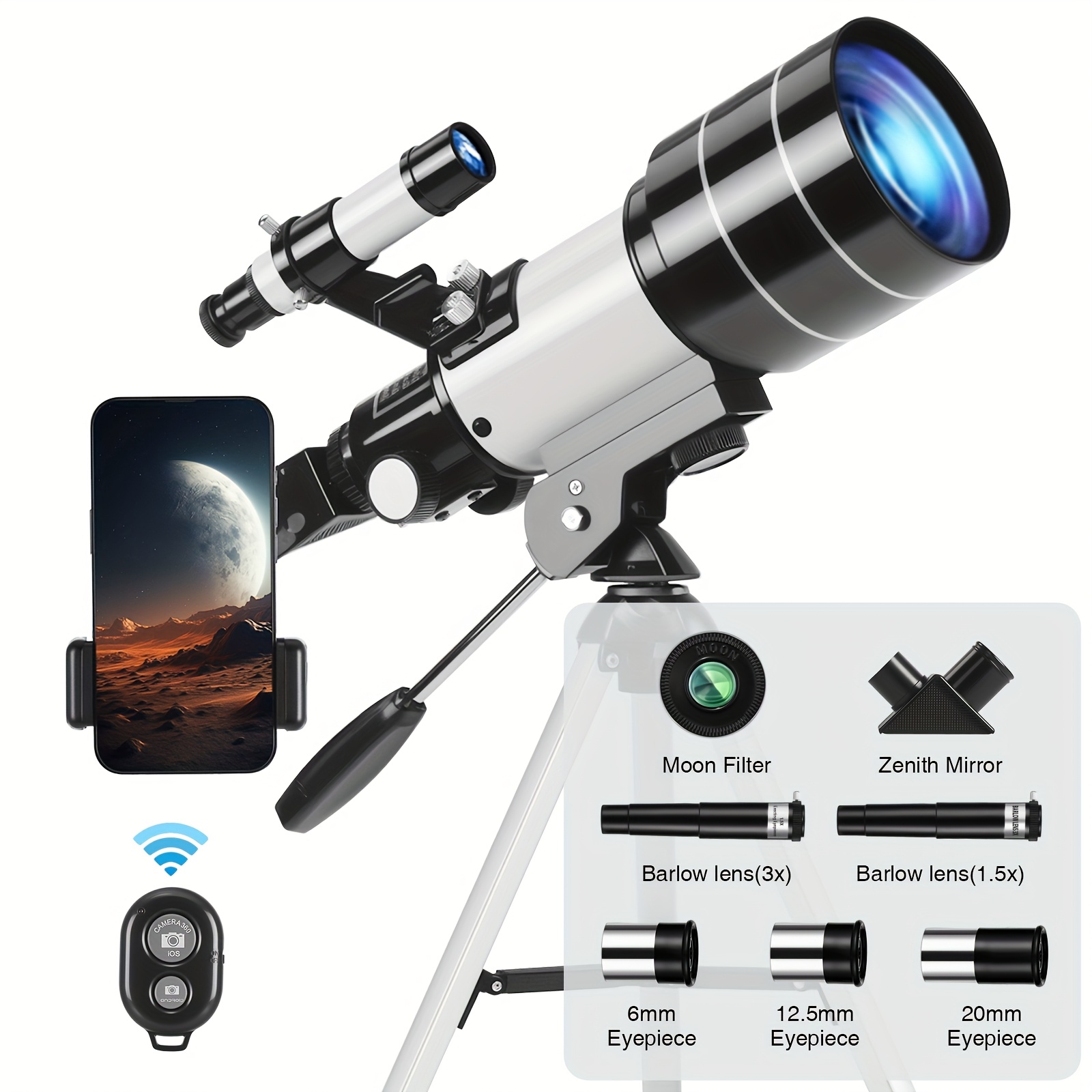 TEMU 150x Telescope, 70mm Aperture Telescope High Powered For Adults, Portable Astronomical Telescope With Tripod Phone Holder, Eyepiece, Lens,