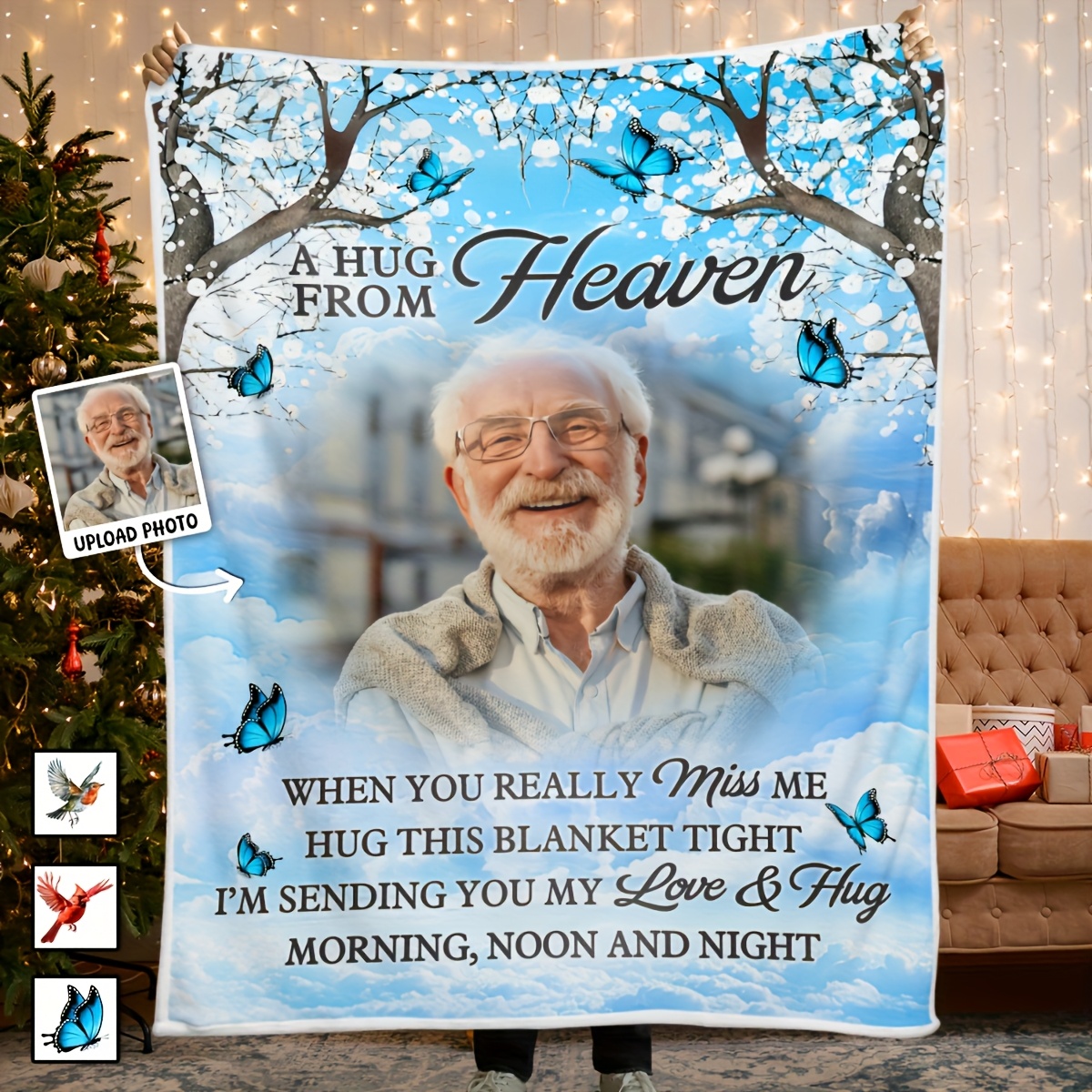 TEMU A Custom 's Kiss Memorial Blanket - A Family And Christmas Gift, Featuring A Blue Flannel Tree , Machine Washable, , Warm Theme, And Low- Fabric