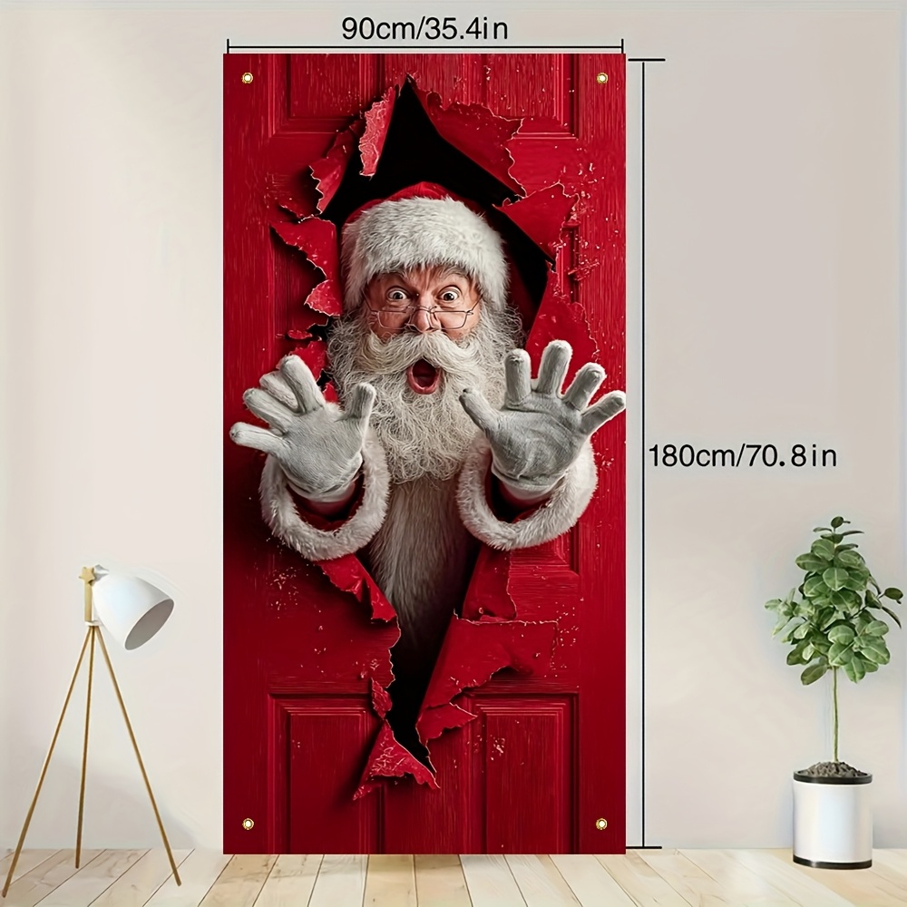 TEMU 2d Flat, 2d Door Banner 2d Flat, 2d Door Banner 2d Flat Door Banner - Whimsical Santa Peeking From Red Door Design, No Electricity Needed,