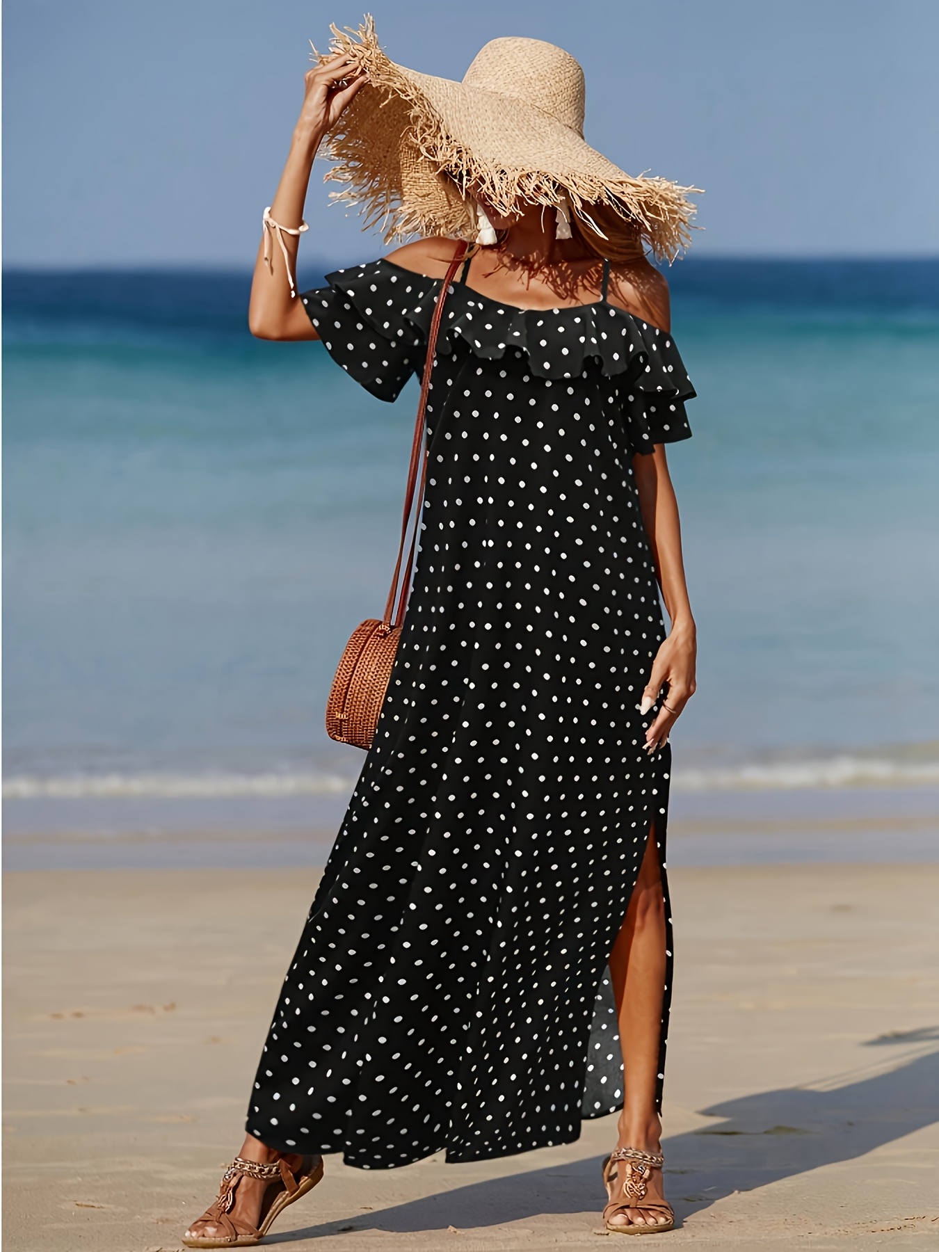 Women's Off-Shoulder Polka Dot Beach Dress - Lightweight * Dress with Side  Slit, Semi-Sheer * Machine Washable Resort Wear, Be
