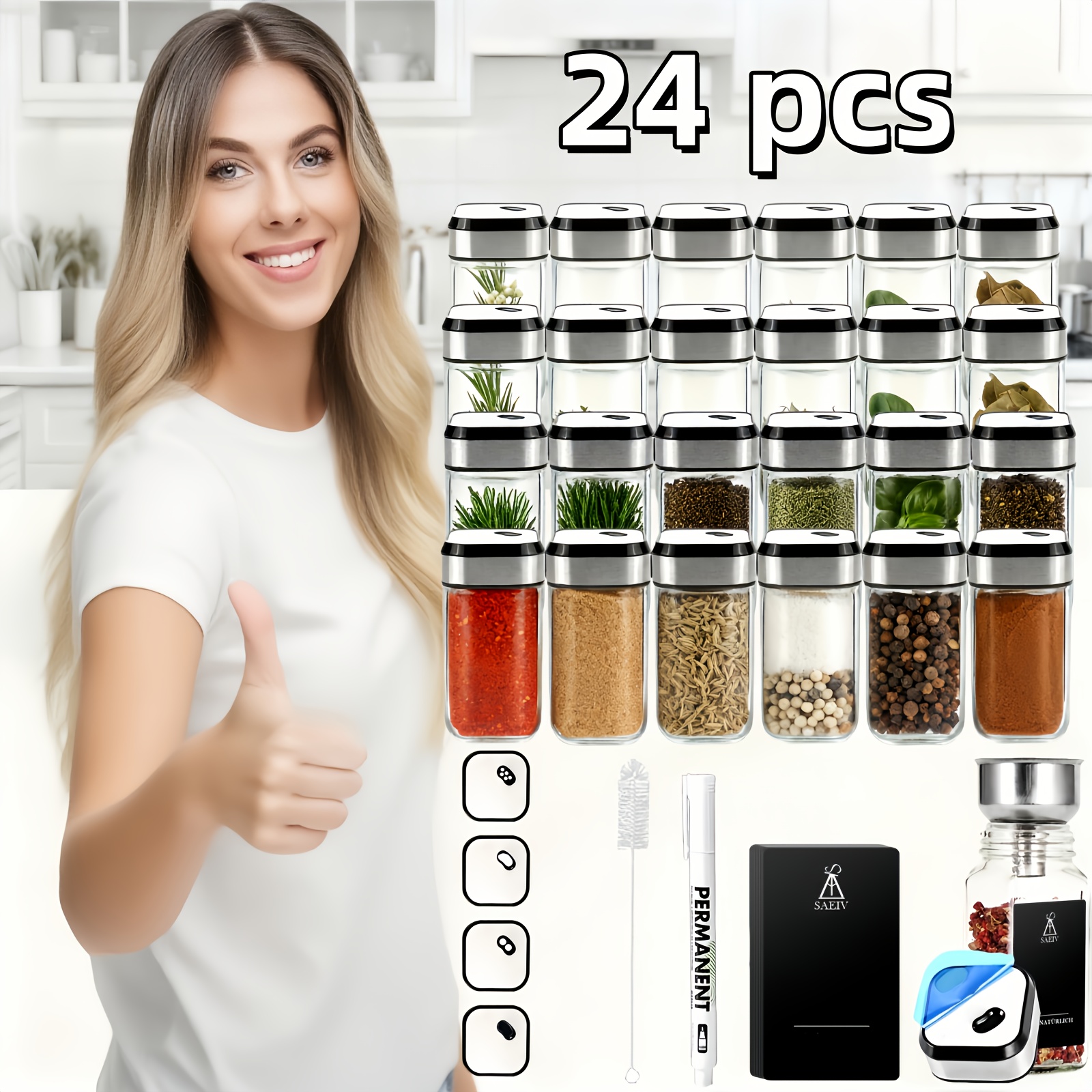 Image of Saeiv 12/24/35 Square Spice Jar Set, 360° Rotating Spice Port - Adjustable, Spice Jars With Seasoning Labels, Perfect For Organizing Kitchen Spices