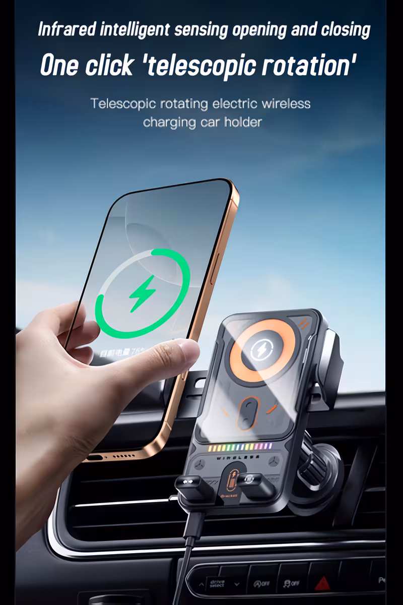 2025 new model car fast charging wireless charger universal phone holder can rotate for horizontal and use with ambient light supports charging wireless charging phones details 0
