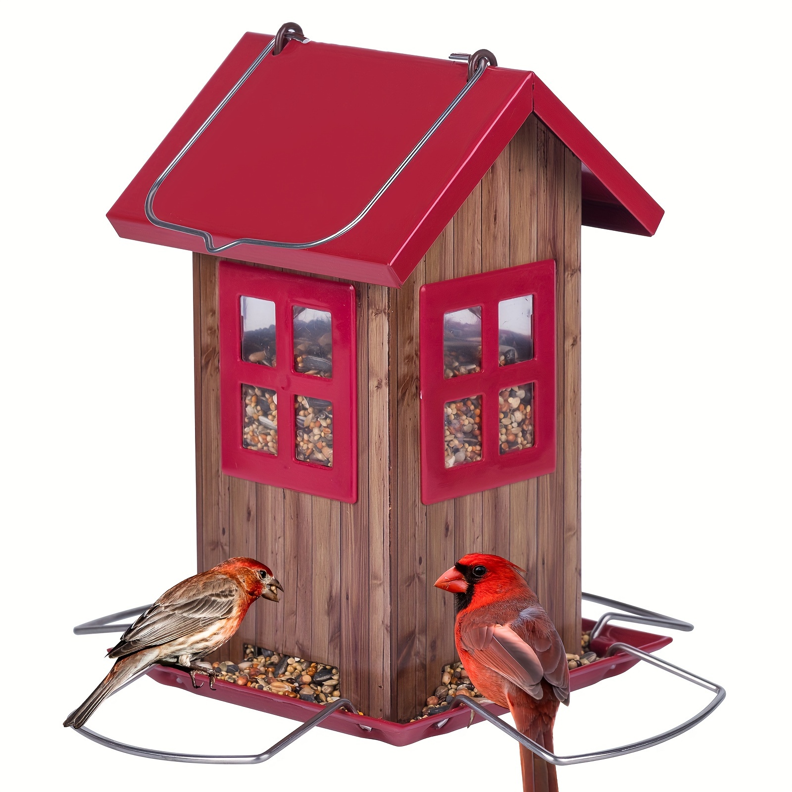 TEMU Kingsyard Cute Birdhouse Feeder, Suitable For Outdoor, Hanging Metal Bird Feeder With 4 Ports, Outdoor Garden Decoration, Suitable For Red Bird,
