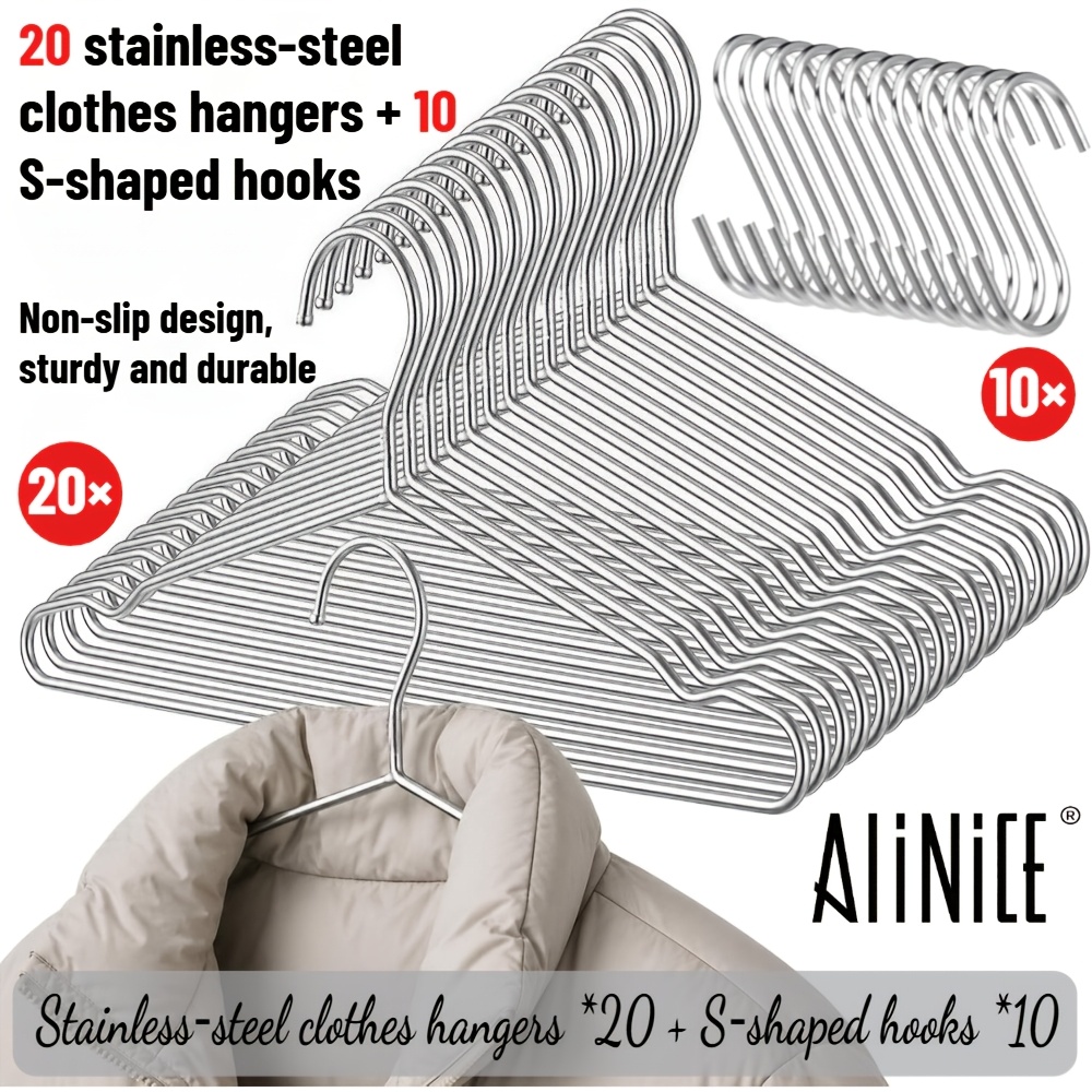 TEMU 30pcs (20pcs Cintres en Acier Inoxydable et 10pcs Crochets ). de Boucle Antidérapante avec une Forte de Charge, Convient pour le Rangement et le
