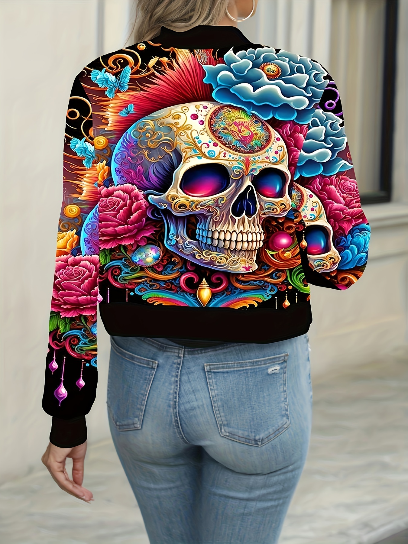 skull print zipper front jacket casual long lantern sleeve