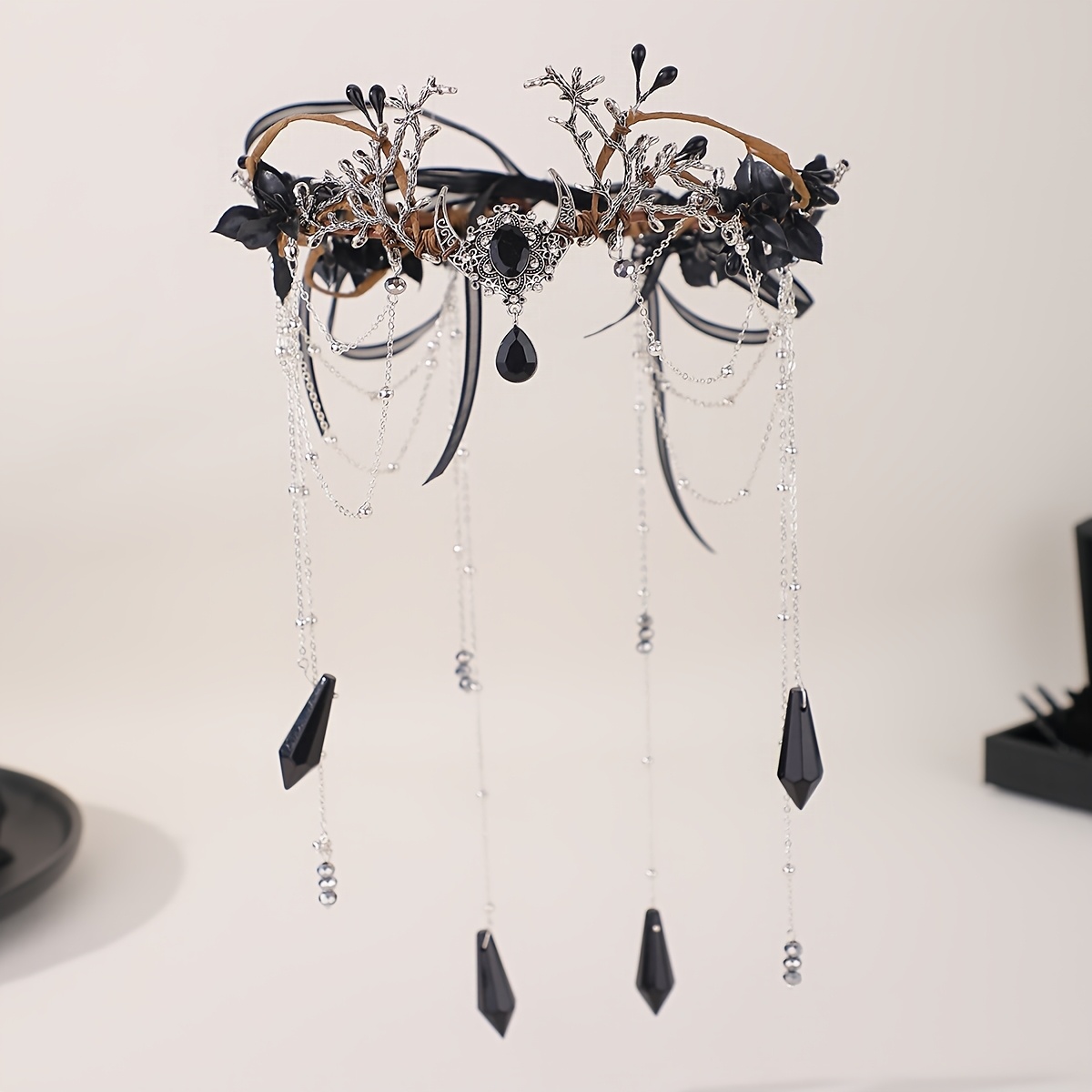 TEMU 1pc Vintage Silvery Branch Black Rhinestone Floral Black Chain Tassel Headpiece Gothic Dark Elf Pagan Wedding Halloween Tiara