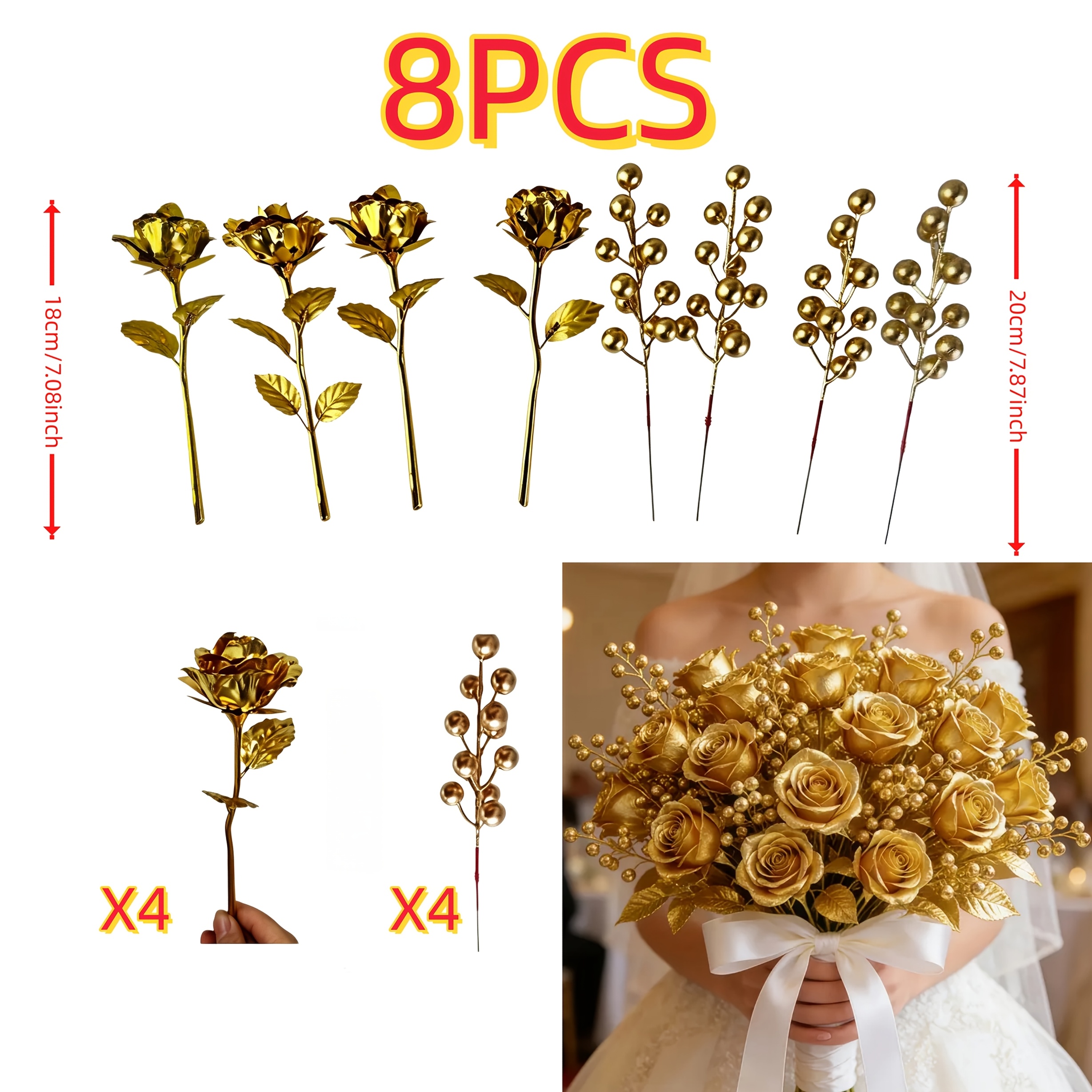 TEMU 8pcs High-quality Artificial Simulated Gold-plated Bouquet Set, Realistic Texture Artificial Roses, Suitable For Home Table Decoration, Balcony,