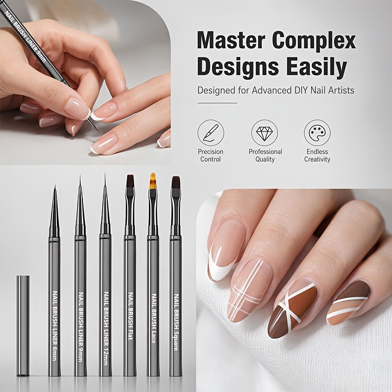 TEMU 6pcs Nail Art Brush Set, Matte Silver Gray Acrylic Handle Multi-functional Manicure Brushes With Dust Cover For Salon Home Diy Nail Art