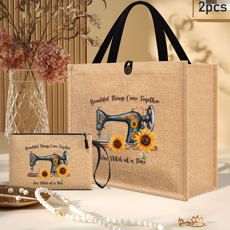 

2pcs Vmi Sewing Tote Bag Set - , , , , Lined, Unique Pattern, Includes Makeup Bag, , For Shopping//, Women'