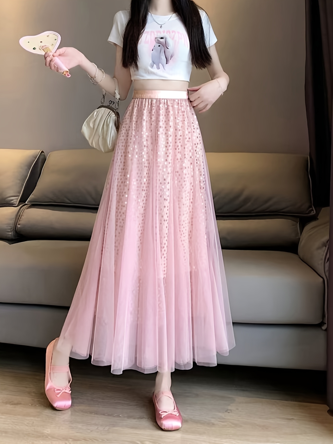 Rosa Falda De Tul Plisada Vestido Tul Lentejuelas Elegante Mujer