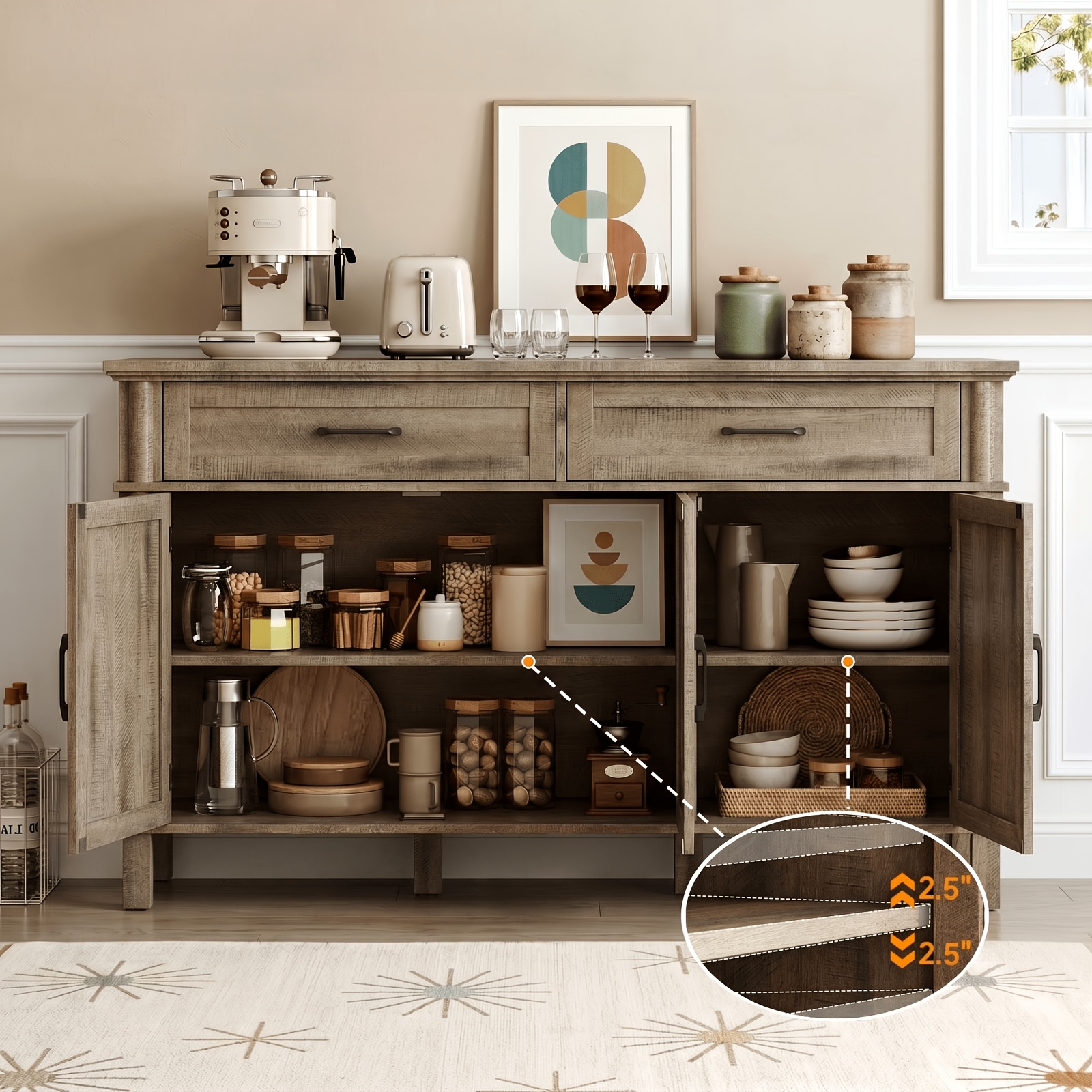 Farmhouse 48 Inch Buffet Cabinet with Storage, 48 Inch Sideboard with 2 Drawers And 3 Doors - Wood Coffee Bar Cabinet with Adjustable Shelves for Kitchen, Dining Room, Living Room
