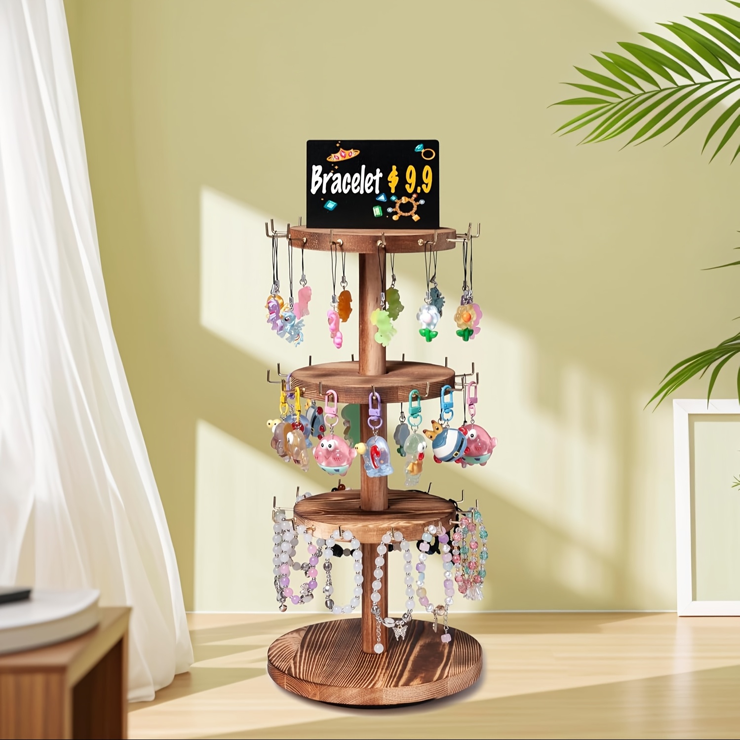 Natural Wood Rotating Jewelry Organizer - Multi-Tier Rack