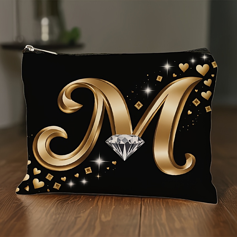 TEMU 1pc Makeup Bag, Toiletry Bag, Storage Bag, Travel Bag With A Black Background And Golden Letter M Diamond Heart-shaped Print, Designed For Adult