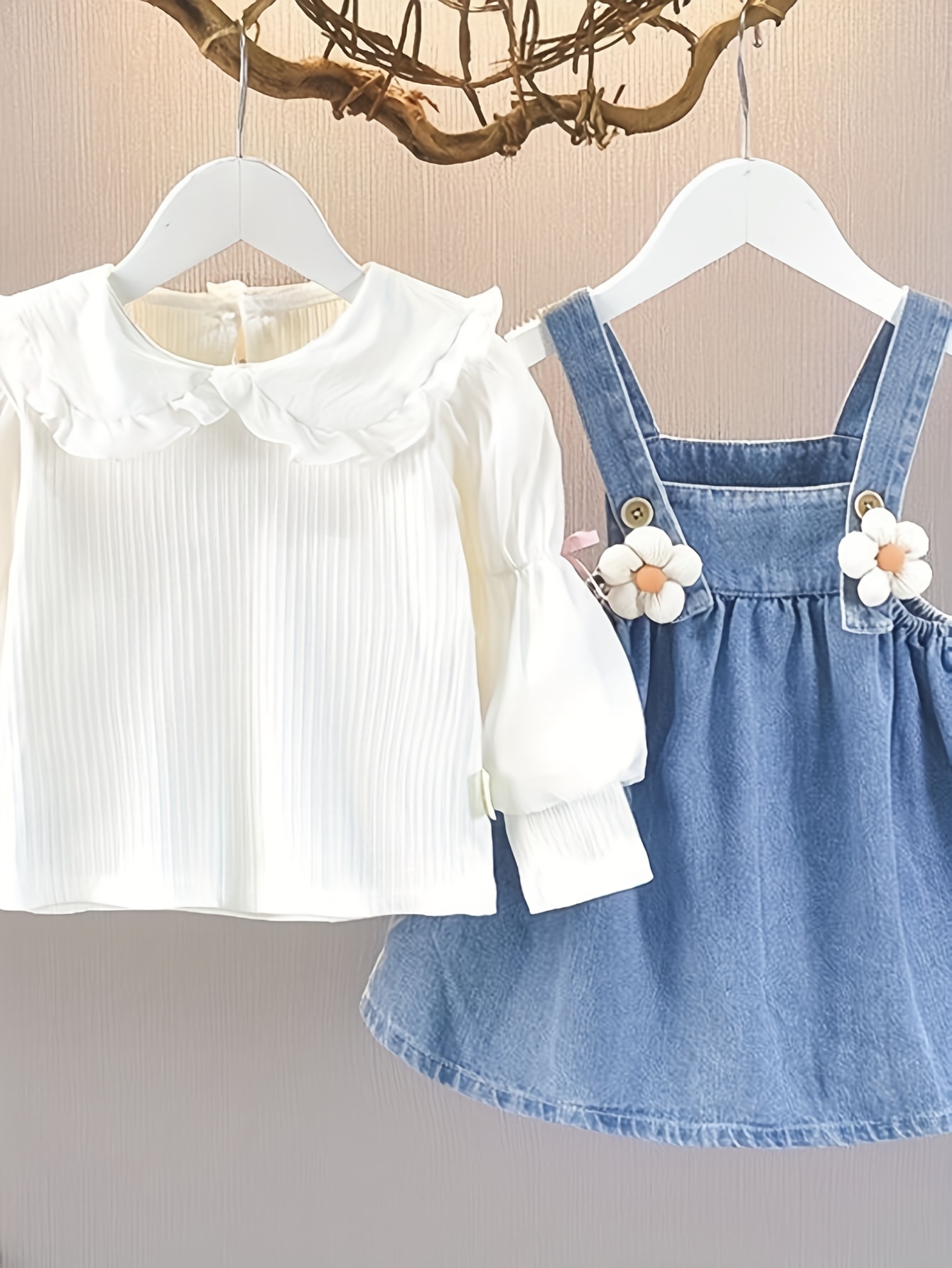 3 piece girls set floral suspender denim skirt long sleeve peter pan collar shirt bag fashionable spring autumn outfit Product details 1