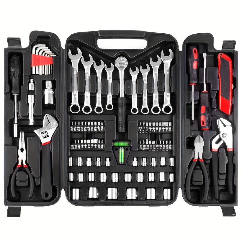 

95 Piece Red Home Tool Kit, General Home Repair Tool Set With Portable Toolbox For Home Garage Office College Dormitory Use, Adjustable Wrench Pliers Socket Bits, Plastic Toolbox