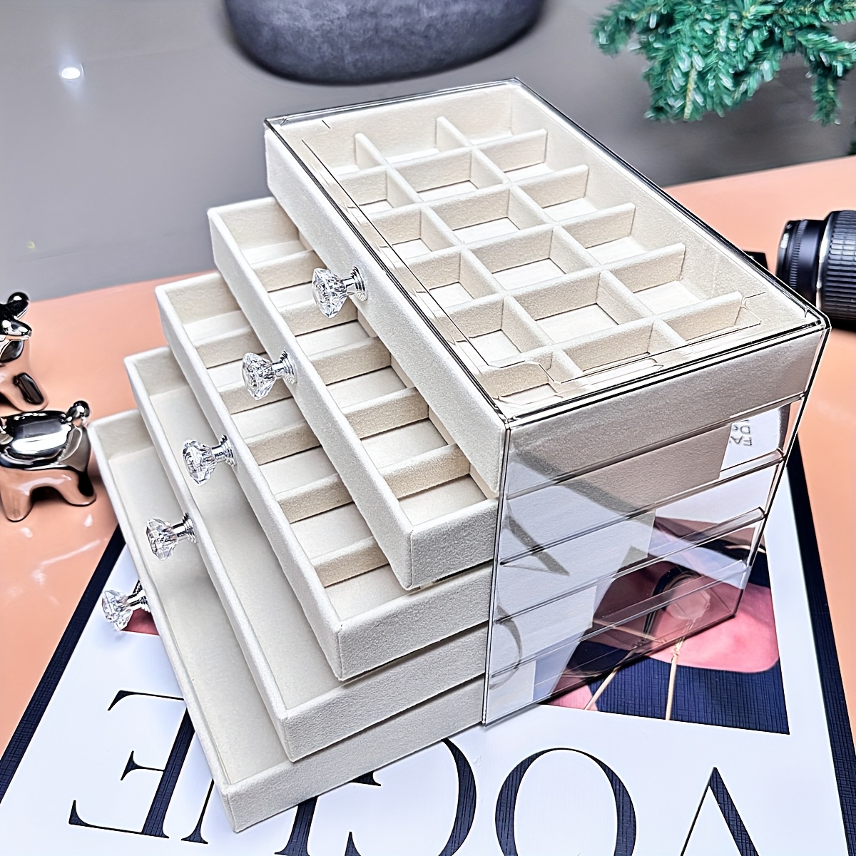   organizer box with beige gray elegant desktop storage case with clear lid multiple compartments slots for rings necklaces bracelets durable plastic construction for   boutique perfect gift for christmas valentines weddings no assembly needed home decor accessory stylish display polished   bridal accessories jewelry boxes Product details 12