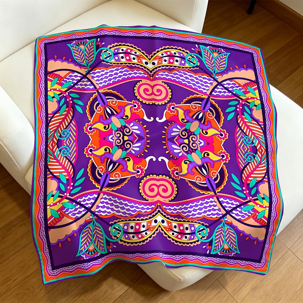 TEMU Women's Scarf With Purple Base, Colorful Ethnic Paisley Mandala Pattern, Orange-pink-yellow-blue Color Scheme, Multi-layered Border, Vintage