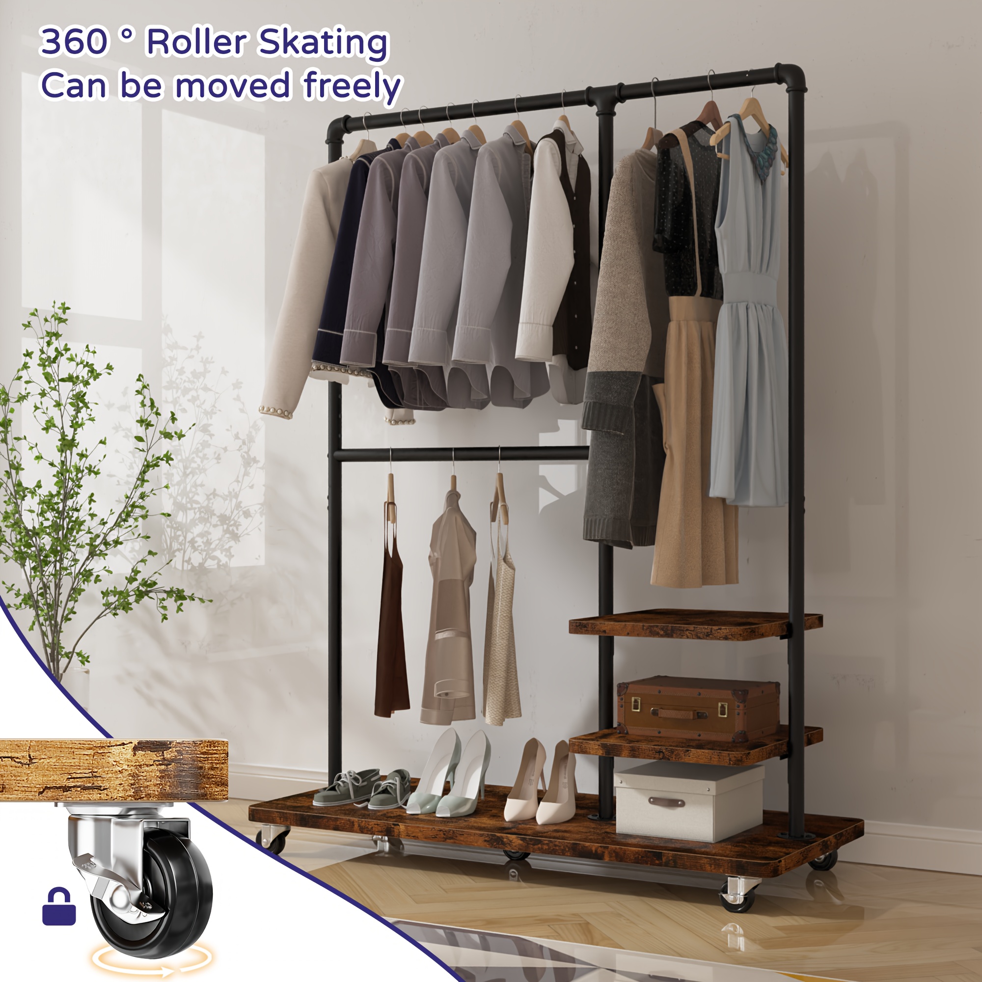 Closet Portable Garment Rack On Wheels Clothes Rack Heavy Duty