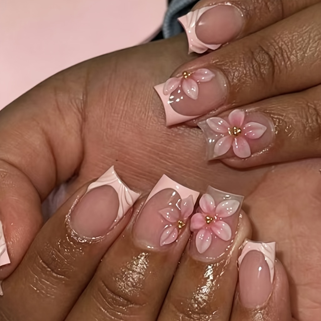 TEMU 24pcs Square Fake Nails, Easy And Sweet Manicure Patches, Detachable Nails, Three-dimensional Flower Wearable Nails, French Blush Nail Art