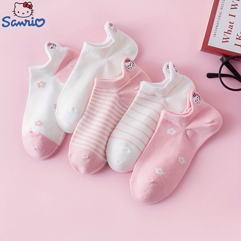 

5 Pairs Hello Kitty Embroidery Pink Socks, Kawaii & Breathable Low Cut Ankle Socks, Women's Stockings & Hosiery