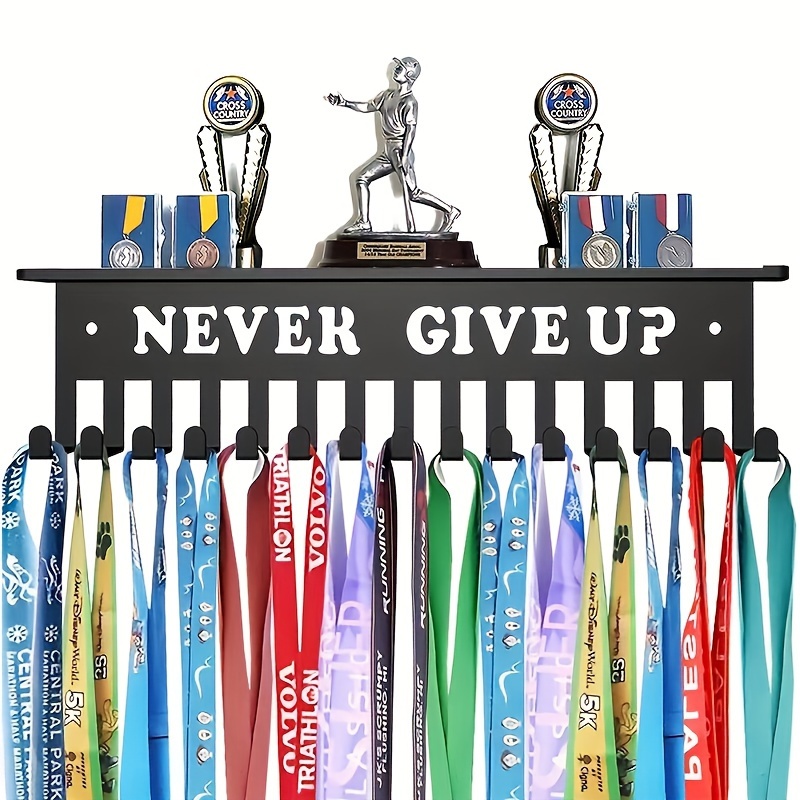 

1pc Metal Medal Display Rack, Wall-mounted Hook Shelf, Fashion Style Storage For Multiple Medals, Home Decor, "never Give Up" Design, Sturdy Metal Construction